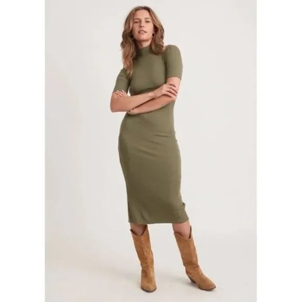 Marine Layer Lexi Mock Neck Midi Dress Rare Olive Green Slimming Size Large